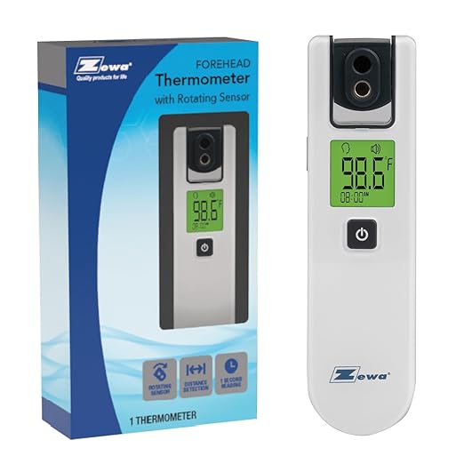 Zewa 4-Way Rotating Infrared Thermometer | Forehead Non-Touch Technology | Fast 1-Second Reading | Distance Detection | LCD 3-Color Display | Memory Recall | Measures Person & Objects