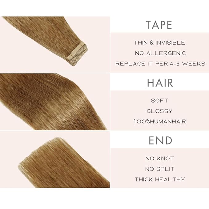 Tape in Hair Extensions Human Hair Honey Blonde Remy Hair Extensions 20pcs 14 Inch Straight Invisible Human Hair Tape in Extensions Skin Weft Tape Extensions Human Hair (27#,14 Inch)