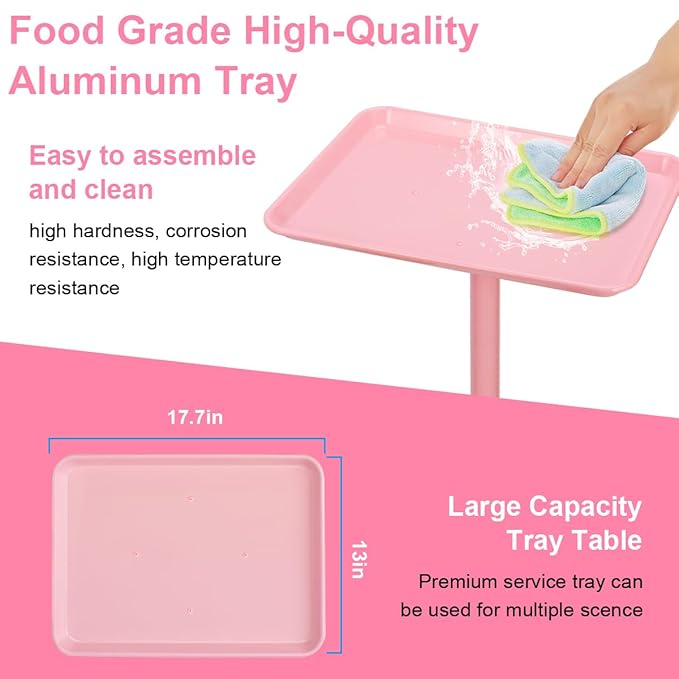 JOSTZHXIN Salon Tray, Height Adjustable Salon SPA Service Tray, Hairstylist Rolling Tray, Premium Aluminum Tattoo Tray, Pink Rolling Trolley