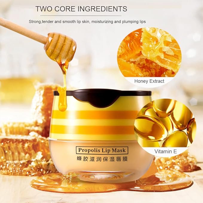 Bee Lip Balm Honey Pot, Strawberry & Honey Moisturizing Propolis Lip Mask, Hydrating & Prevention Dry and Cracked Lip Scrubs Exfoliator, Reduces Lip Lines (2Pcs Yellow)