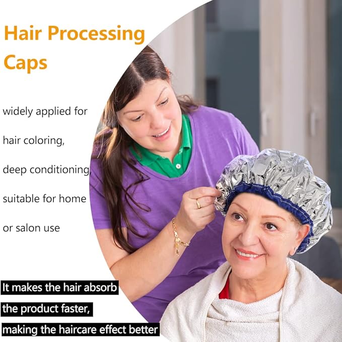 TCOTBE 2 pieces conditioning caps made of aluminum foil, thickened shower caps for hot oil treatment, reusable hair processing caps for home and salon use, hair dyeing and hot oil treatment tools