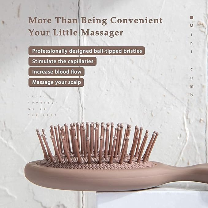 RHOS Mini Hair Brush for Women,Men and Kids-Travel Size Hair Brush for Purse,Pocket,backpack-Small Cushion Paddle Brush with Soft Bristles-Mini Detangler Brush for All Hair Types(1 Pack-Mocha)