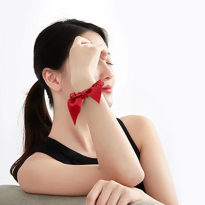 THXSILK Hair Silk Scrunchies with Bow for Women Pure Mulberry Silk Hair Cute Ring Ties Scrunchies for Girls Women's Thick Hair, Red, 2.8"