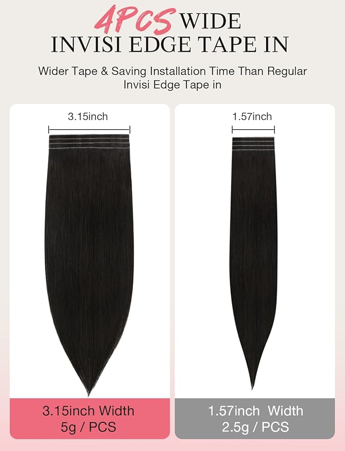 DOORES Invisi Edge Tape in Wide Hair Extensions Human Hair, Natural Black 4PCS Injection Tape ins 20g 24 Inch, Virgin Human 3 Inch Wide Injected Extensions Invisible