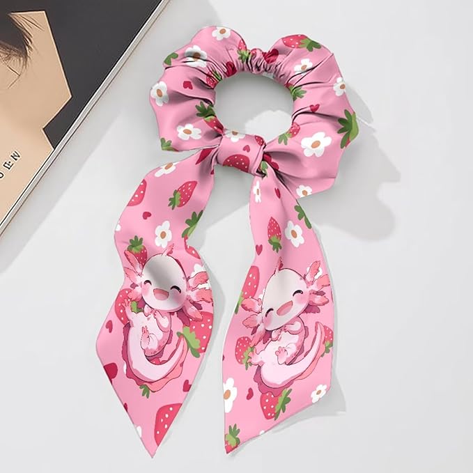 Pack Of 2 Axolotl Elastic Ribbon Hair Ties Floral Strawberry Long Ponytail Scrunchies for Curly Hair Stylish Scarf Scrunchy Womens No Damage Knotted Bow