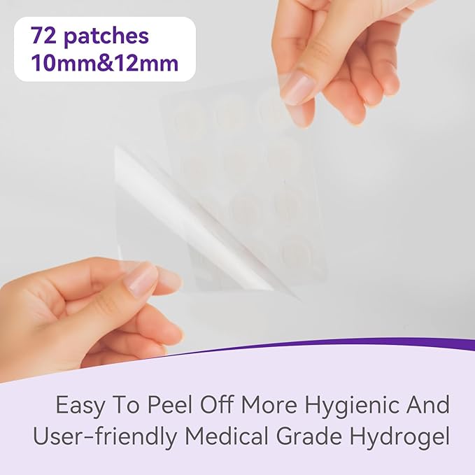 Overnight Pimple Patches for Face - Maximum Strength Hydrocolloid for Cystic Acne & Dark Spots (72 Count) - 10mm & 12mm Medicated Night Time Treatment
