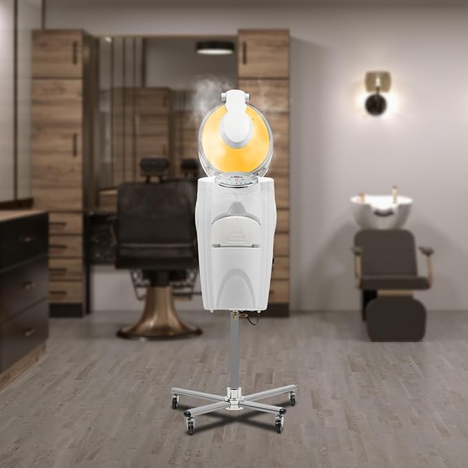 Professional Standing Hair Steamer for Salon & Home, 700W Ozone Steam Therapy with Light Scalp Care, Adjustable Height Hooded Dryer with 12 Light, Auto Shut-Off (White)