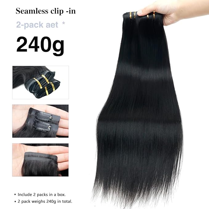 Straight Clip in Hair Extensions Real Human Hair 2 Pack 240g Seamless Clip in Hair Extensions for Women Full Max with 16Pcs PU Skin Weft 22inch Natural Black