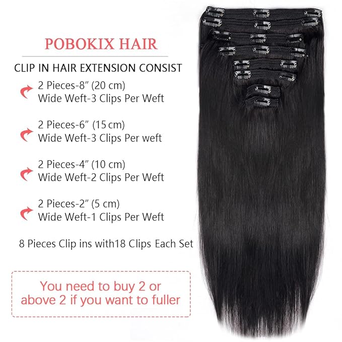Clip in Hair Extensions Real Human Hair Straight Brazilian Human Hair Clip in Extensions 8Pcs 120g Silky Straight Remy Hair Clip ins for Women (18inch, #1B Natural Black)