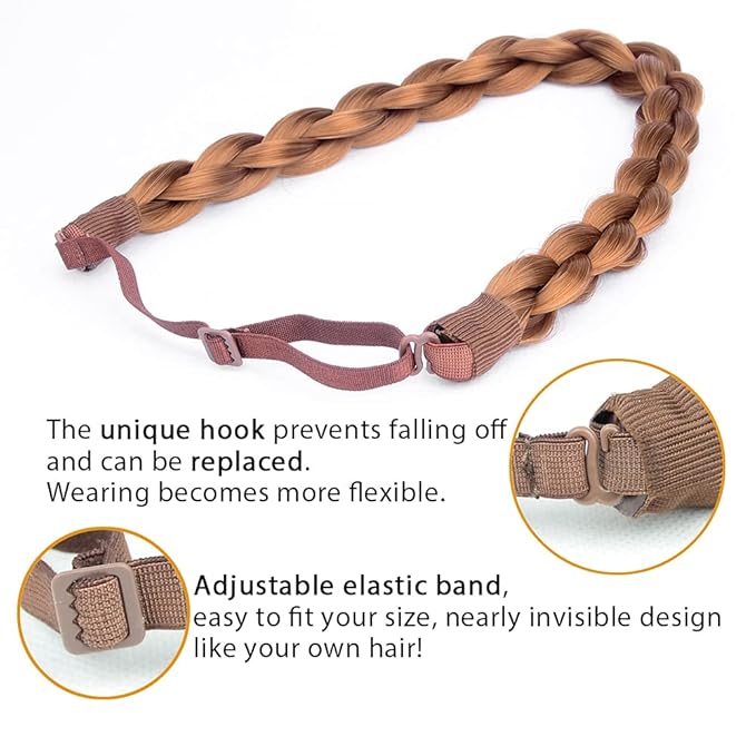 DIGUAN Chubby Narrow Synthetic Hair Braided Headband Classic Chunky Plaited Braids Elastic Stretch Hairpiece Women Girl Beauty accessory, 58g (Golden Red)