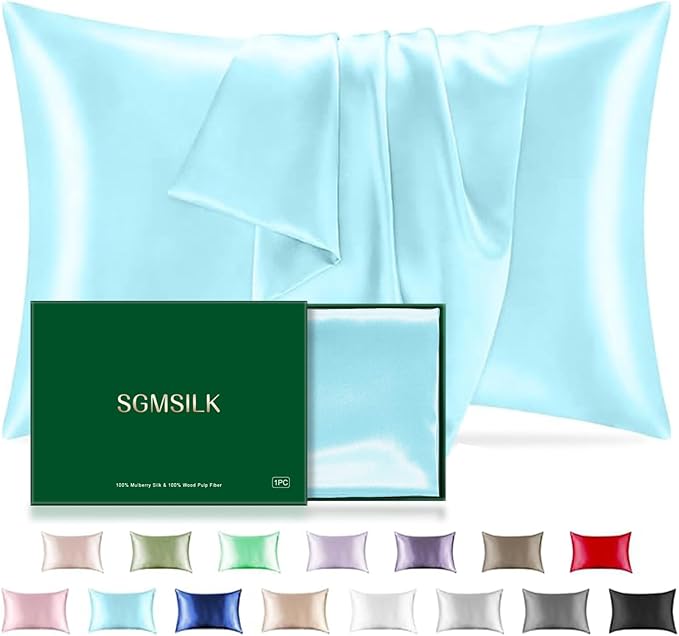 Mulberry Silk Pillowcase for Hair and Skin, SGMSILK 22 Momme Natural Silk Pillow Cases with Zipper, 6A Soft and Smooth Single Sided Pure Silk Pillow Cover (Haze Blue, King 20"x36")