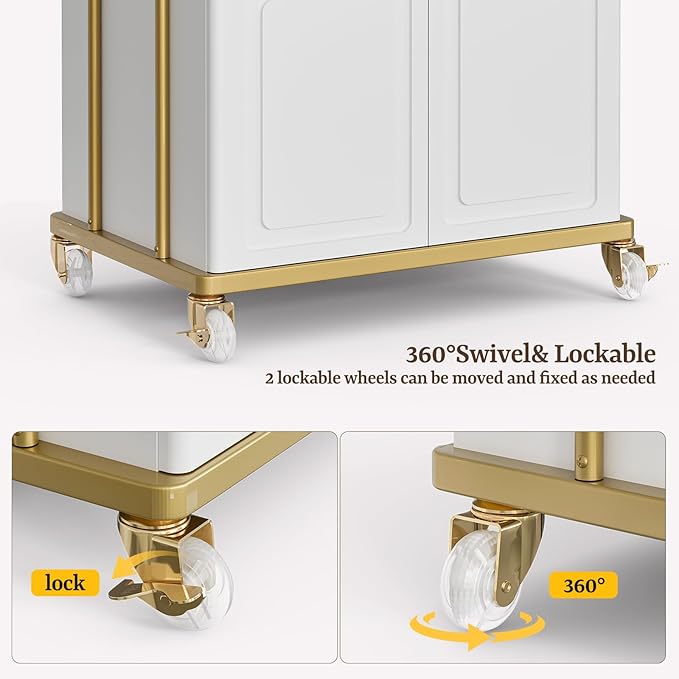 Salon Trolley Cart with Lockable Wheels, Salon Station Cabinet with Drawer & Cabinet for Hair Stylist Makeup Tool Organizer for Beauty Spa Barbershop (White&Gold)