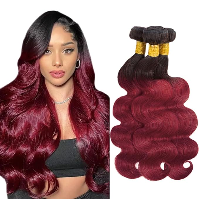 28 30 32 Inch Ombre Bundles Human Hair Burgundy Body Wave Bundles Niegmeag Double Weft 2 Tone Black and Red Body Wave Bundle 1B99J Color 150g