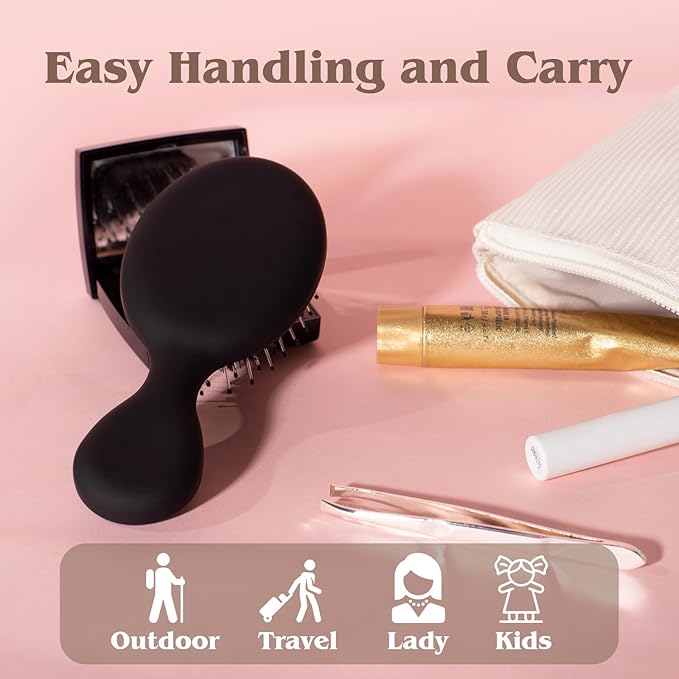 Mini Boar Bristle Hair Brush - Boar & Nylon Bristle Small Brush for Women Kids Long Short Hair to Smooth Add Shine - Travel Size Hair Brush for Purse,Pocket, Black