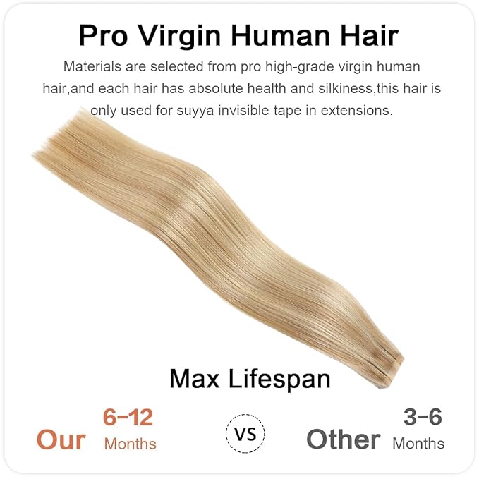 SUYYA Invisible Tape in Hair Extensions Human Hair Seamless Injected Hand-Tied Pro Quality Virgin Human Hair Tape Ins Ash Blonde Highlighted Bleach Blonde 20PCS 50G/Pack Straight(22 inch #P18/613)