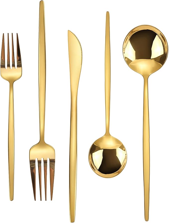 KassKa Gold Silverware Set, 20 Pieces Flatware Cutlery, Stainless Steel Utensils Spoon Fork Knives for Home Restaurant and Kitchen, Mirror Polished Finished, Service for 4
