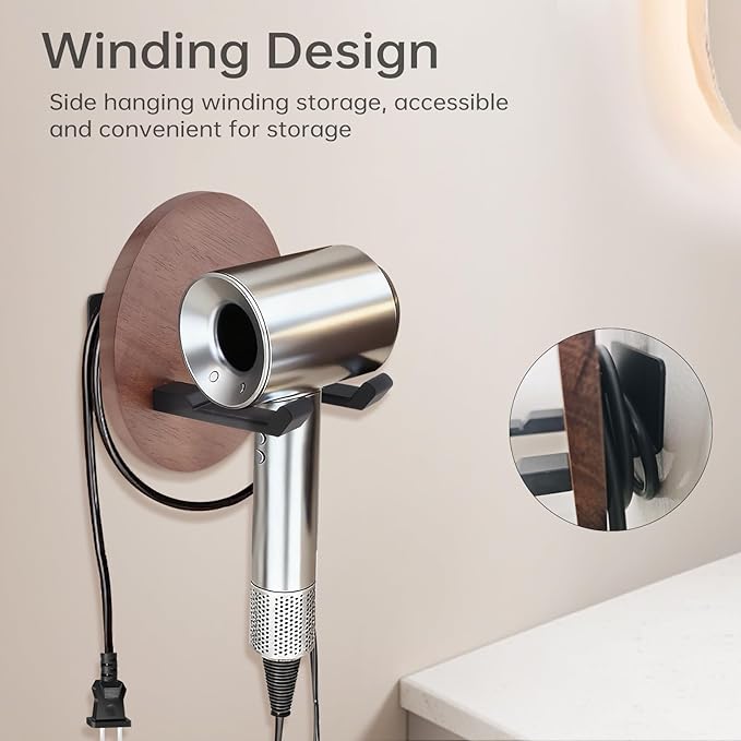 Wall Mounted Hair Dryer Holder, 5.1 Inch Round Shape Walnut Wood Shelf Aluminum Hairdryer Holder,Bathroom Hair Dryer Stand Drill Install (Round Shape Walnut Wood, 1)