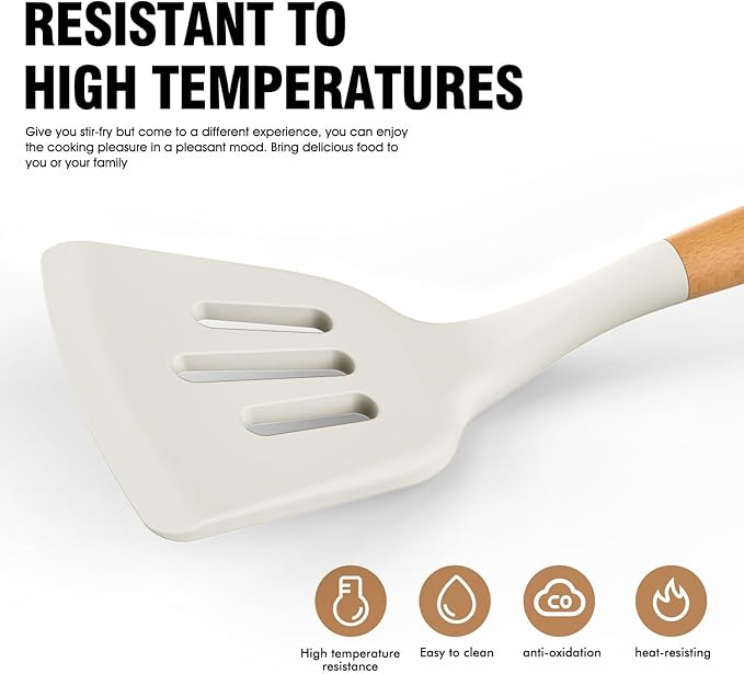 Silicone Cooking Utensils Set - Silicone Kitchen Utensils for Cooking Wooden Handles, 446°F Heat Resistant Kitchen Utensil Spatula Sets w Holder, Gadgets for Non-Stick Cookware BPA FREE (Cream White)