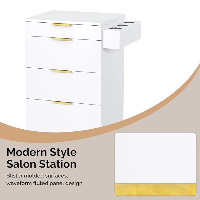 OmySalon Salon Station, Barber Station for Hair Stylist, Storage Cabinet with Stainless Steel Finish & Drawers & Heat Resistant Dryer Holders, Modern Style for Barbershop, White