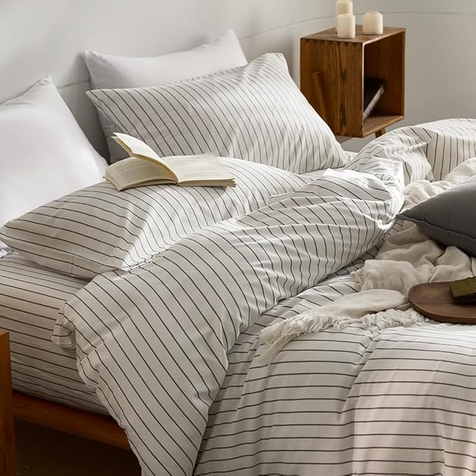 JELLYMONI 100% Natural Cotton Striped Standard Pillowcases Set, 2 Pack White with Thin Gray Vertical Stripes Pattern Printed Pillow Covers with Envelope Closure (Pillows are not Included)