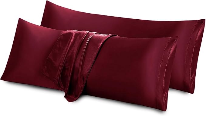 Aormenzy Satin Body Pillow Cover Set of 2, 20x54 Inches Burgundy Body Pillow Case for Adults, Silky Soft & Cooling Body Pillow Pillowcase with Envelope Closure