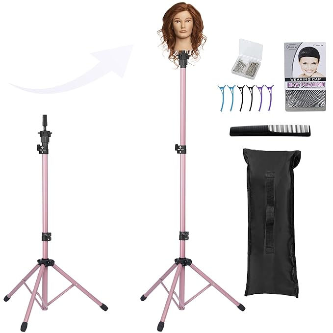 Auroras Adjustable Wig Stand Tripod, Mannequin Stand for Wig Tripod Stand, Mannequin Head Stand for Cosmetology Hairdressing Training, Pink (Mannequin Head Not Included)