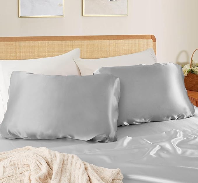 SiinvdaBZX Silver Grey Satin Pillowcase Standard/Queen Size Set of 2, Silky Travel Elastic Band Satin Pillow Case for Hair and Skin, Soft Portable & Fit for Various Pillow
