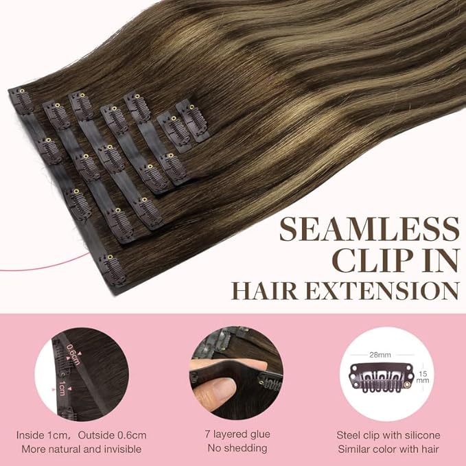 GOO GOO Clip in Hair Extensions Real Human Hair, Remy Human Hair Extensions Clip ins for Women, Natural Human Hair, 14inch 110g 7Pcs, 4/27/4 Balayage Chocolate Brown to Caramel Blonde