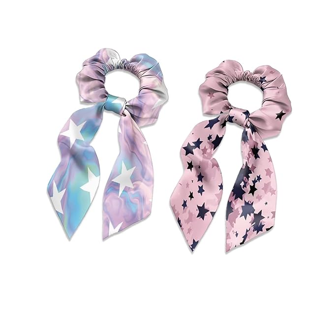 Star Hair Ties for Women Bow Purple Pink Satin Hair Ties No Damage Long Hair Fashion Ponytail Holder Soft Knotted Bow Pack of 2