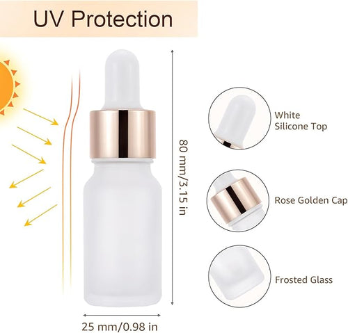30 Pack 10ml Frosted Glass Dropper Bottles for Essential Oils, 1/3oz Eye Dropper Bottles with Rose Golden Caps for Travel, Mini Empty Glass Tincture Vials with Droppers, Funnels & 30 Labels