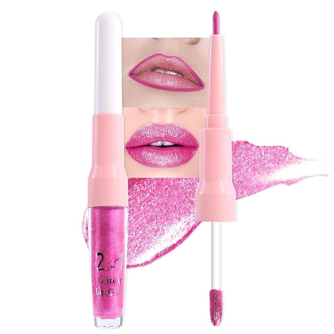 evpct Hot Pink Metallic Glitter Lip Liner and Lipstick Combo Lip Gloss Stain Set Makeup for Women Long Lasting Waterproof 24, Rose Pink Frosted Metallic Shimmer Glossy iridescent Liquid Lipstick 07