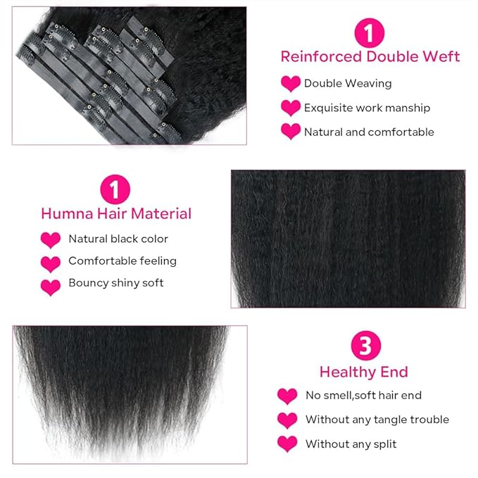 Seamless Kinky Straight Clip in Hair Extensions for Black Women Brazilian Virgin Human Hair Extensions 8Pcs Seamless Clip ins Human Hair with 18Clips Invisible PU Skin Weft 120g 16inch Natural Black