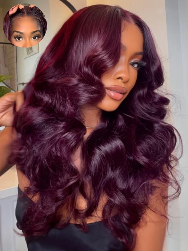 KLAIYI Black Cherry Loose Body Wave Pre Eeverything 13x4 Lace Frontal Wigs Human Hair Bye Bye Knots Glueless Ready to Wear and Go Wig with Face Framing Bangs Drawstring Pre Plucked Burgundy Wig 24Inch