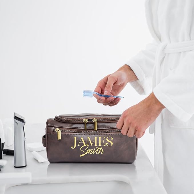 Personalized Toiletry Bag for Men, Engraved Name Initials Toiletry Bag, Customized Monogram Travel Shaving Dopp Kit for Groomsmen, Gift for Christmas, Birthday, Dad, Husband (Dark Coffee)