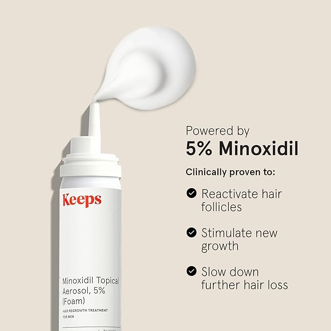 Keeps Extra Strength Minoxidil for Men - 5% Minoxidil Foam Hair Loss & Regrowth Treatment for Thinning & Bald Spots - Clinically Proven Hair Growth Products - Unscented Topical Aerosol Foam