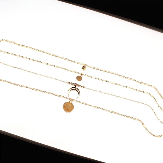 Bohemia Layered Coin Choker Necklace Moon Crescent Pendant Necklace Chain Gold Tiny Ball Necklace Multi Layer Disc Necklace Chain Jewelry for Women and Girls