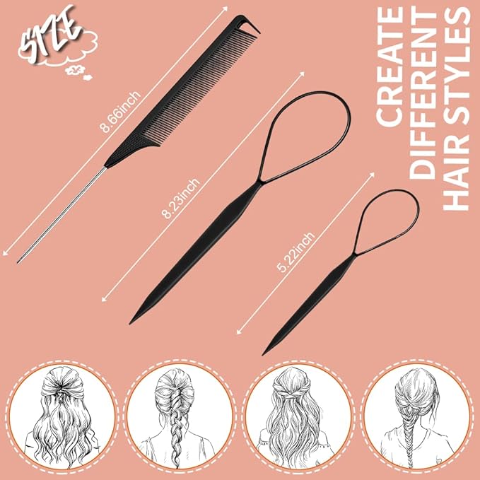 TsMADDTs 3Pack Hair Styling Tools Set with French Braid Loop, Rat Tail Comb, and Metal Pin Tail Braiding Comb, Black