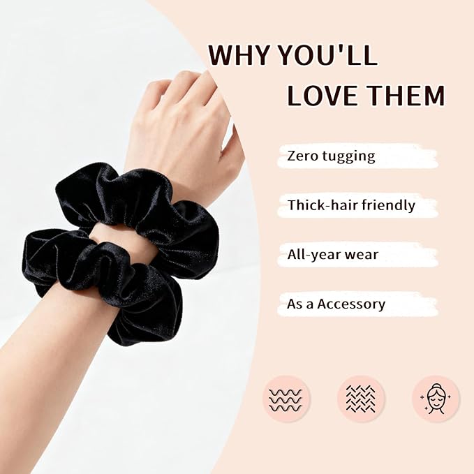 Velvet Scrunchies for Women Girls, 12 Pcs Black Classic Hair Scrunchie Elastic Thick Scrunchy Hair Ties, Soft Ponytail Hair Accessories