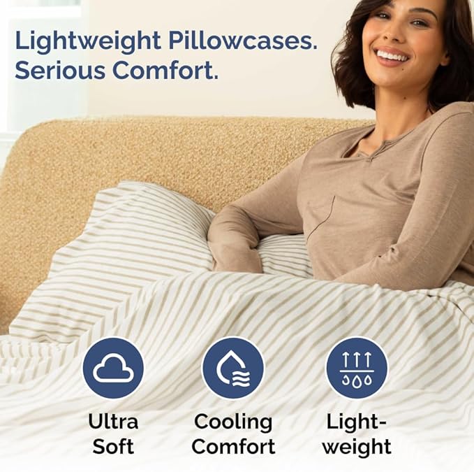 Queen Pillow Cases Set of 4 - Ultra Soft Hotel Quality Pillowcase Covers - Comfy, Cozy & Wrinkle Free - Shrinkage & Fade Resistant - Machine Washable Pillow Protectors - 4 Piece Set - Beige Stripes 2