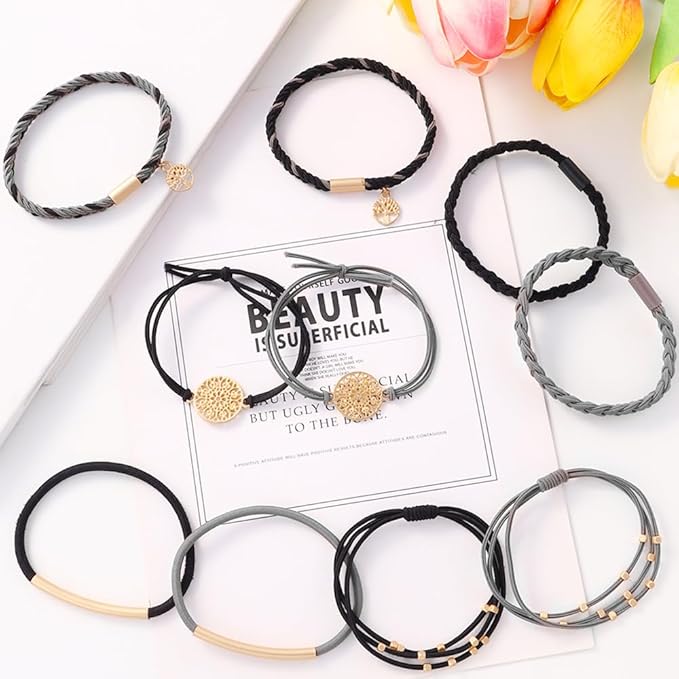 DIYDEC 10PCS Hair Ties Bracelet for Women 5 Styles Soft Braided Boho Hair Bands Elastic No Damage Hair Ties for Girls thick Thin Long Curly Hair Accessories(Black and Grey)