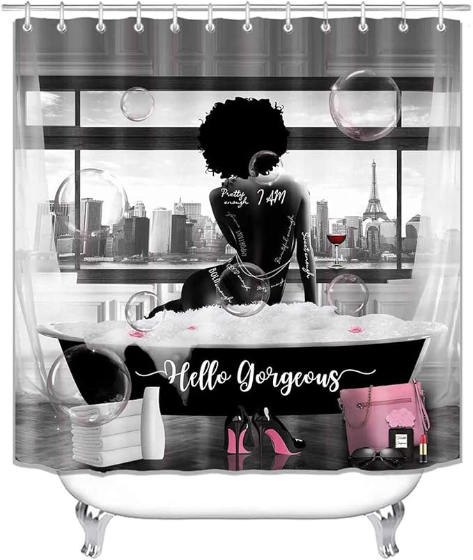 4PCS Sexy African American Women Shower Curtain Sets with Rugs, Waterproof Fabric Black White Shower Curtain, Hello Gorgeous Positive Quotes Black Girl Afro Black Woman Fashion Bathroom Decor