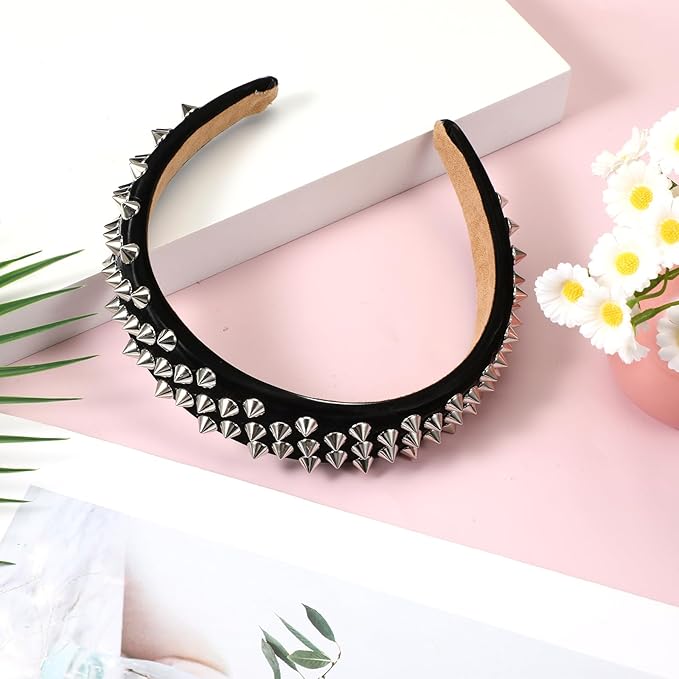 Spiked Headband, Punk Studded Rivet Rock Hair Hoop For Women, Gothic Black Spiked Headpiece