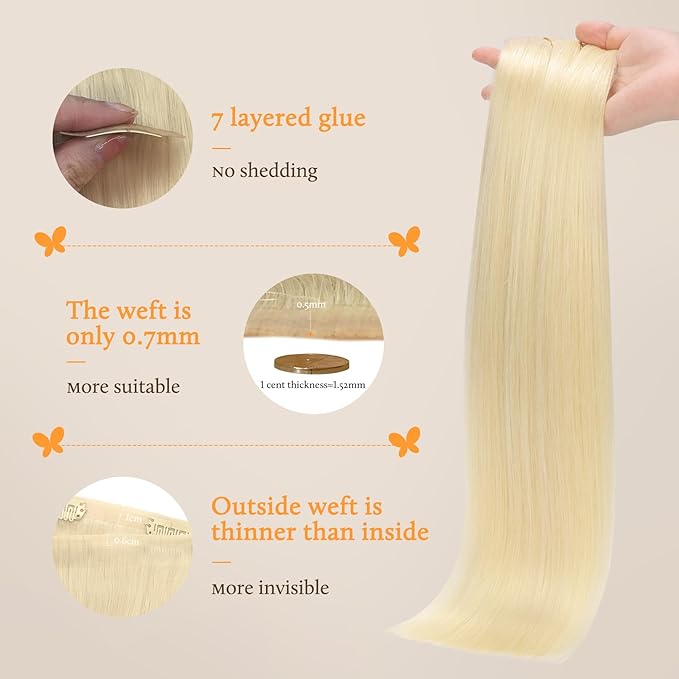 DOORES Real Human Hair Extensions, Bleach Blonde 130g 9pcs 14 Inch Seamless Clip-ins, Remy Invisi Edge Thick Straight Hair