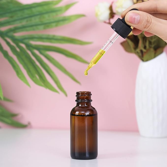 1 oz Dropper Bottle 12 Pack Amber Glass Boston Bottles 30ml with Eye Droppers Black Caps for Essential Oils, Perfume, Leak Proof Travel Bottles for Liquids