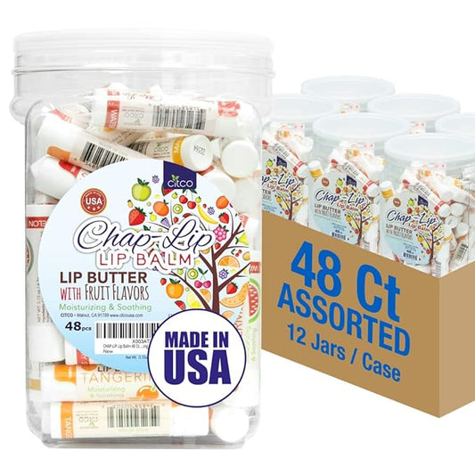 CHAP-LIP Lip Balm 48 Ct. with Fruit Flavors, Cocoa Butter, Coconut Oil | Moisturizing Vitamin E & Total Hydration Treatment & Soothing Lip Therapy (48 Ct Pack of 12)