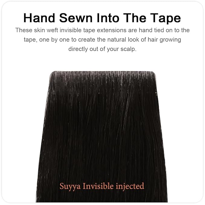 SUYYA Invisible Tape in Hair Extensions Human Hair Natural Black Seamless Injected Hand-Tied Pro Quality Virgin Human Hair 20PCS 50G/Pack Straight Tape Ins(22 inch #1B Off Black)