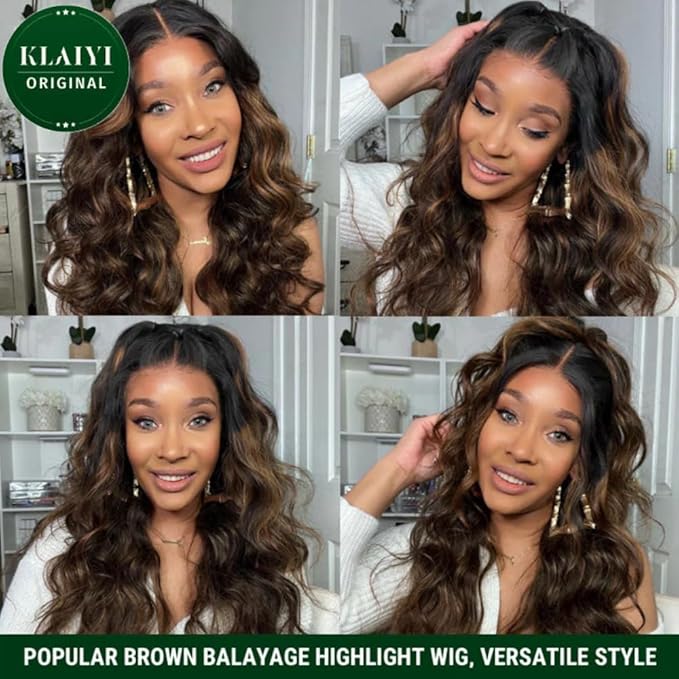 KLAIYI Bye Bye Knots Glueless Wig Ombre Brown Body Wave Pre Cut 7x5 HD Lace Front Wigs Human Hair Pre Plucked Pre Bleached Pre Everything Wear and Go Wig 12A Highlight Balayage 3S Ready To Wear 20Inch