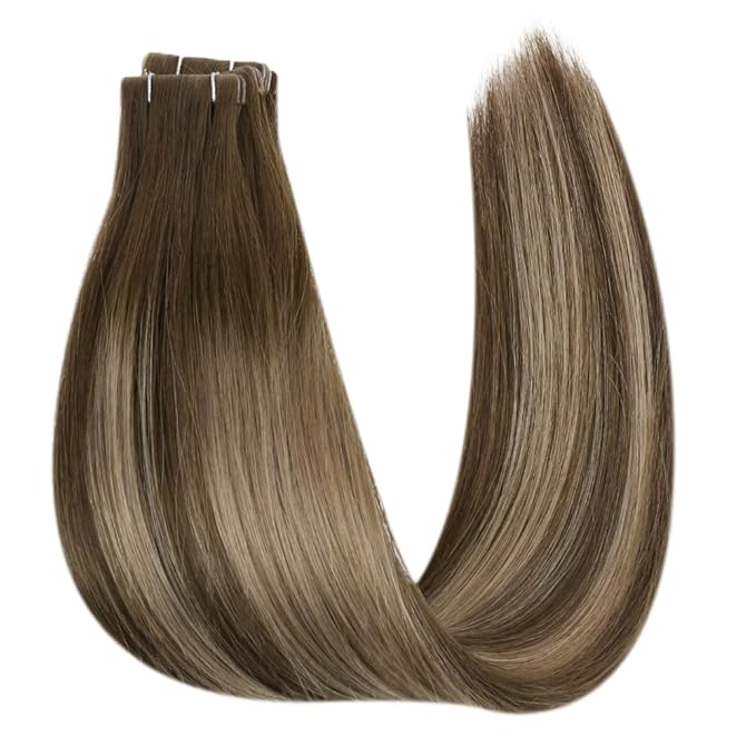 Full Shine Virgin Tape in Hair Extensions 5Pcs 14 Inch Injection Tape in Extensions Human Hair Color 4 Medium Brown Fading to 27 Honey Blonde And Brown Seamless Tapes in Human Hair for Women 10 Gram