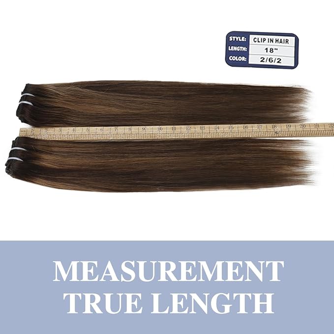 Straight Clip In Hair Extensions Real Human Hair 8Pcs Clip In Balayage Dark Brown to Chestnut Brown Human Hair Extensions with 18Clips Lace Weft 120g 14inch