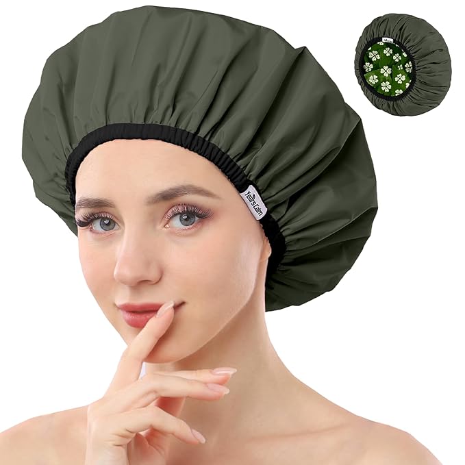 Years Calm Shower Caps For Women Reusable Waterproof，Pattern And Solid Color Dual-Layer Design For Dual-Layer Usable，Protects Hair In Shower, Spa, Cooking, Clean & Travel (Green, One Size)